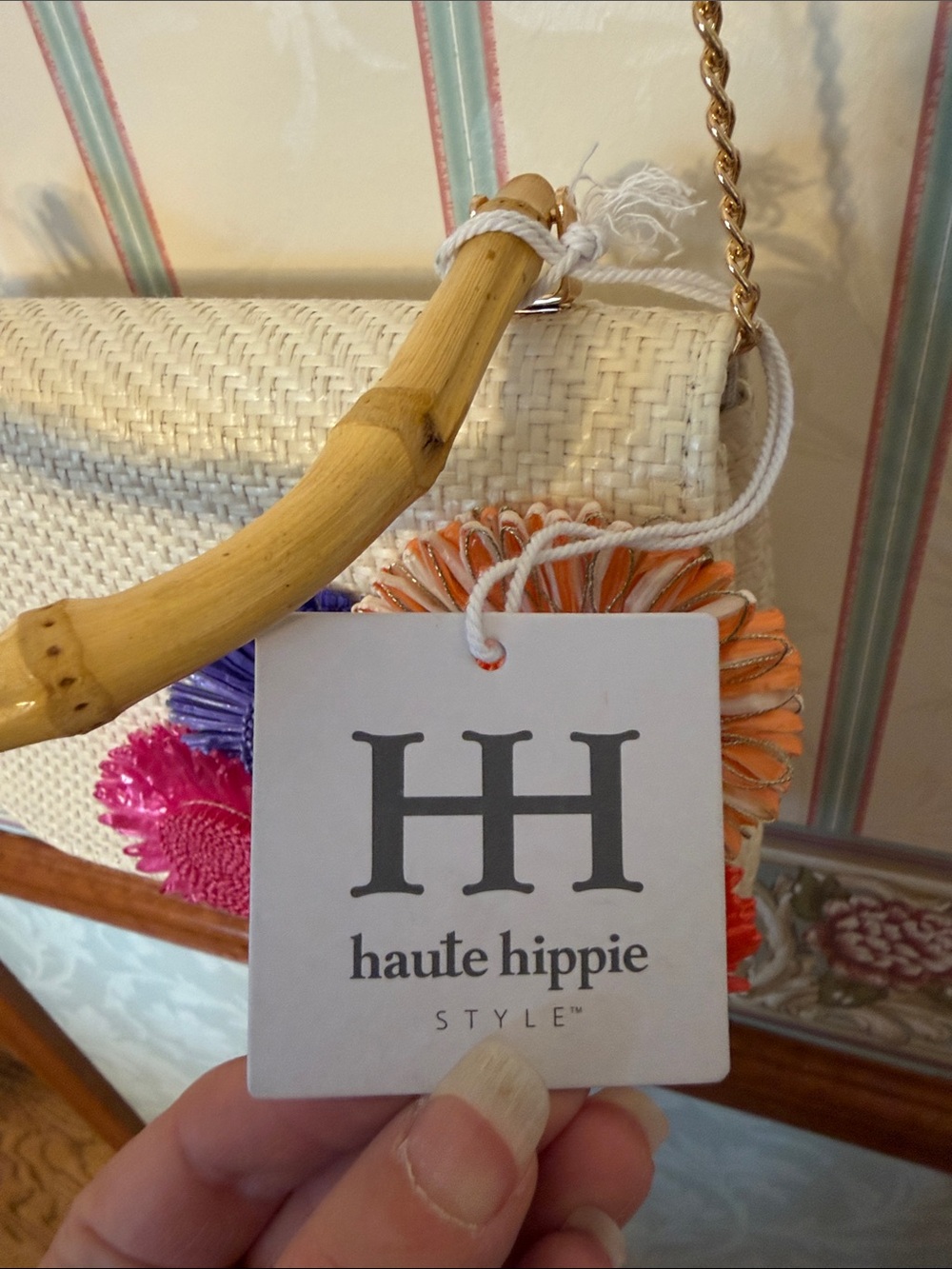 Haute Hippie Straw Crossbody with Bamboo Handle and Multicolor Pom-Poms - Picture 5 of 10